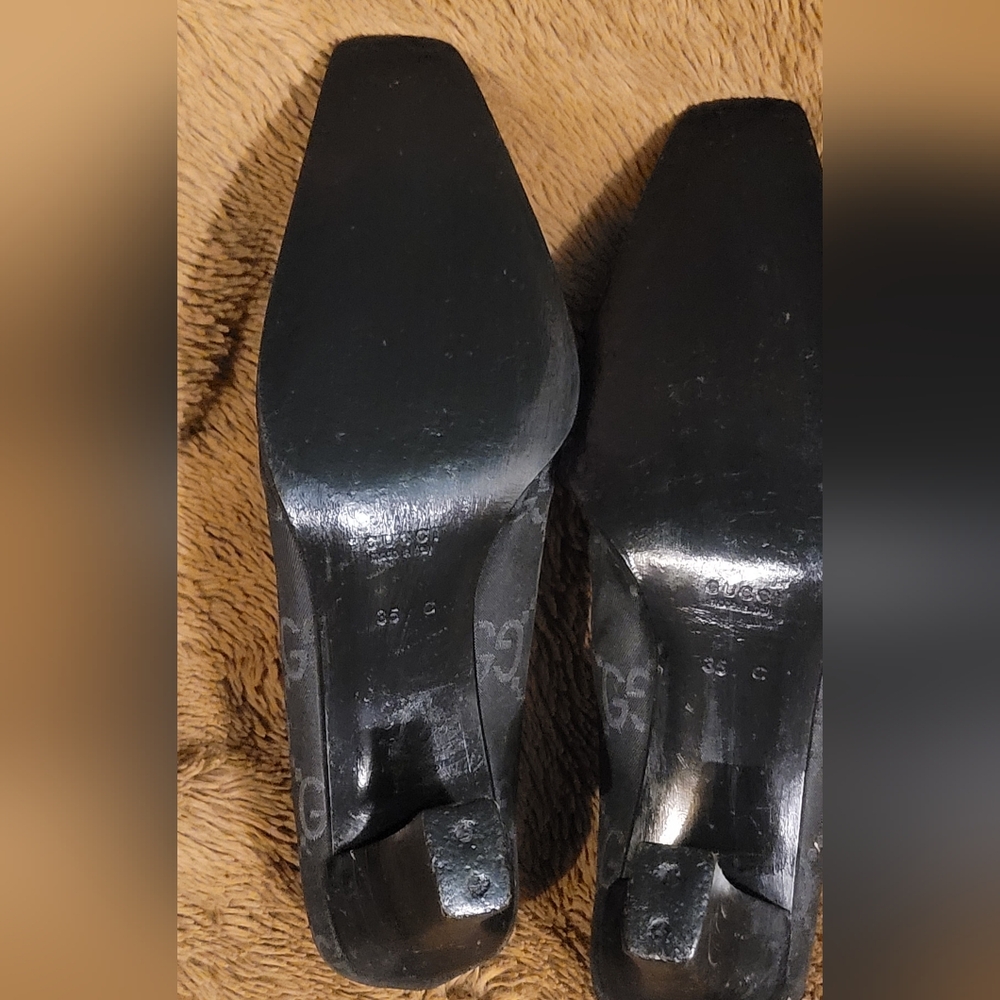 Gucci WOMEN CLOTH LEATHER BLACK CHUNKY Black Heels AUTHENTIC - Picture 12 of 13